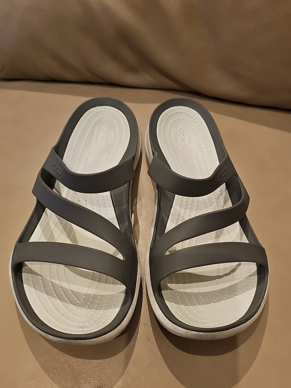 CROCS Women’s Black Strappy Slide Sandals with White Footbed